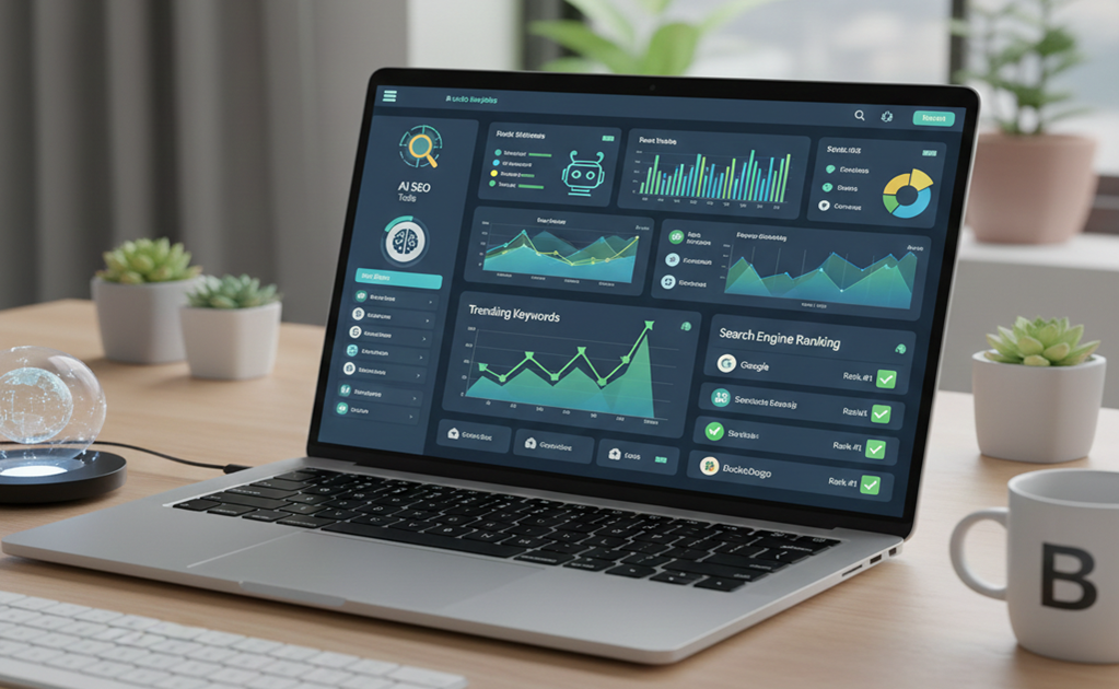 Futuristic SEO workspace with charts, graphs, and AI tools showing digital marketing trends and search engine optimization in 2026.