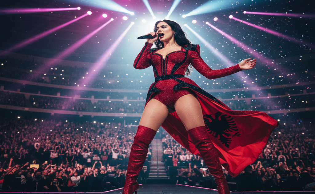 Dua Lipa performing on stage, pop music icon with dynamic energy