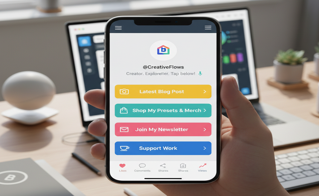 Smart link-in-bio page on a mobile phone with clickable buttons and call-to-action elements to increase engagement and conversions.
