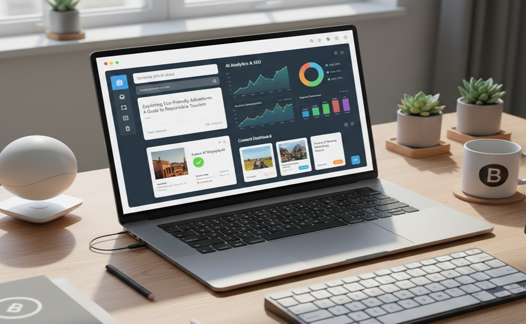 Digital workspace with AI tools and dashboards for bloggers, showing content creation, analytics, and productivity in 2026