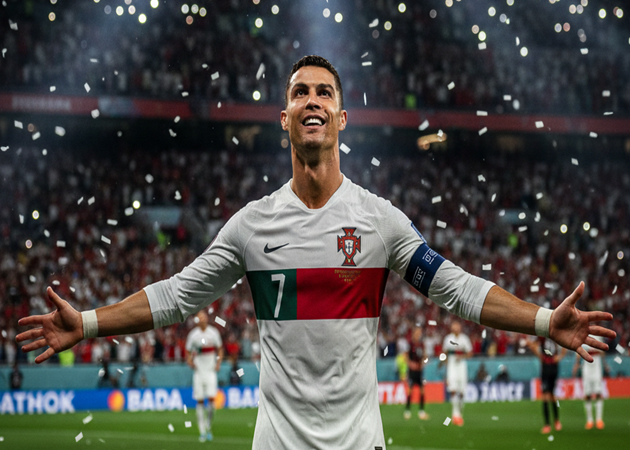 Cristiano Ronaldo, legendary footballer, on the pitch celebrating a goal