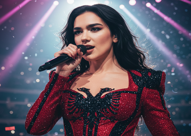 Dua Lipa performing on stage, pop music icon with dynamic energy