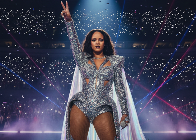 Rihanna, music icon and entrepreneur, performing on stage in a glamorous outfit
